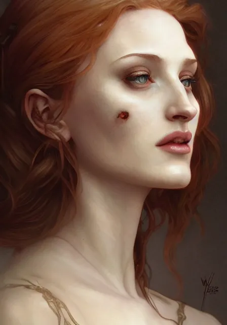 Prompt: sansa angeline jolie gessica chastain mummy zombie, intricate, elegant, highly detailed, digital painting, artstation, concept art, smooth, sharp focus, illustration, art by artgerm and greg rutkowski and alphonse mucha and william - adolphe bouguereau