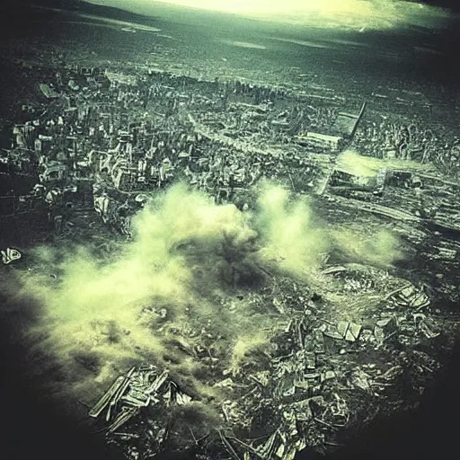 Image similar to “the fall of man, cities destroyed, dust in the air, collapsed bodies, dark, atmospheric, high quality”