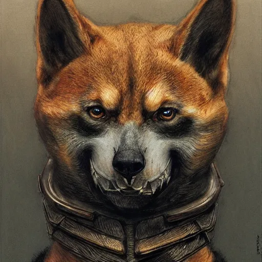 Prompt: daedric armor realistic anthropomorphic shiba inu, macabre, horror, fantasy, by donato giancola and greg rutkowski and wayne barlow and zdzisław beksinski, realistic face, visible face, digital art, artstation, symmetry