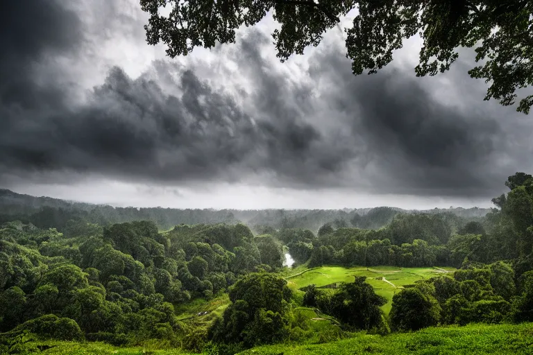 Prompt: a commercial advertisement for a new athletic sports clothing brand, people running through a vast serene landscape across rivers and hills, the sun rises in the distance and rain falls in the foreground, light cracking through the clouds onto the treetops, ultra realistic, high definition