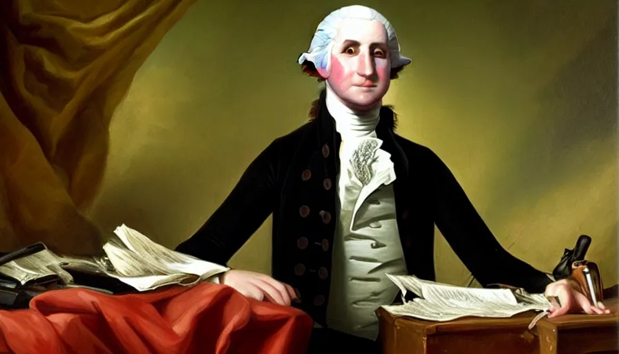 Image similar to george washington holding playstation controller! in the style of an oil painting, historical, highly detailed