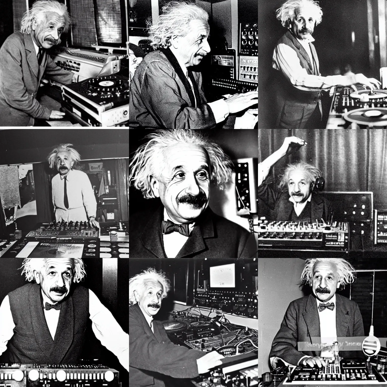 Prompt: photo of albert einstein as a dj behind the dj decks in the club