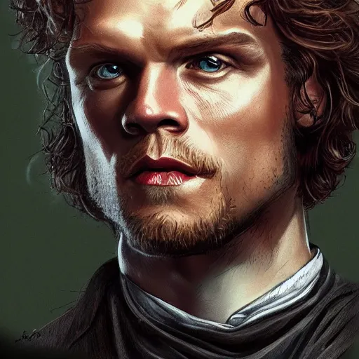 Image similar to Sam Heughan as Jamie Fraser, caricature portrait exaggerated by Sebastian Krüger and Bruno Tesse trending on artstation, hyperdetailed, perfect composition. Scotland background