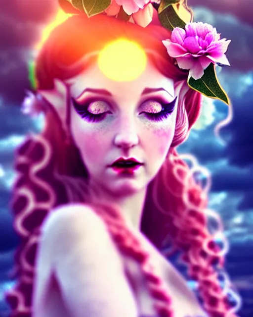 Image similar to photot of burlesque elf, flowers in hair, fantasy character portrait, soft clouds, floral sunset, ultra realistic, concept art, intricate details, art nouveau, cinematic, highly detailed