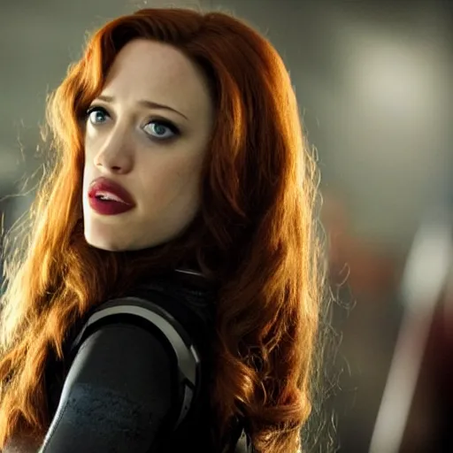 Image similar to a still of kat dennings as black widow in iron man 2 ( 2 0 1 0 ), detailed eyes