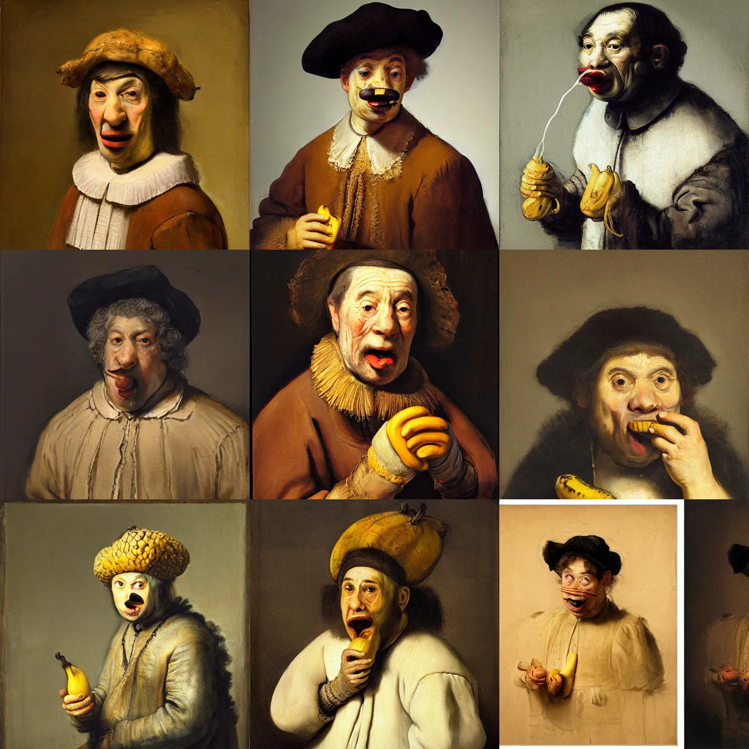 Prompt: A portrait of cross eyed Mister Bean eating a banana, painted by Rembrandt.