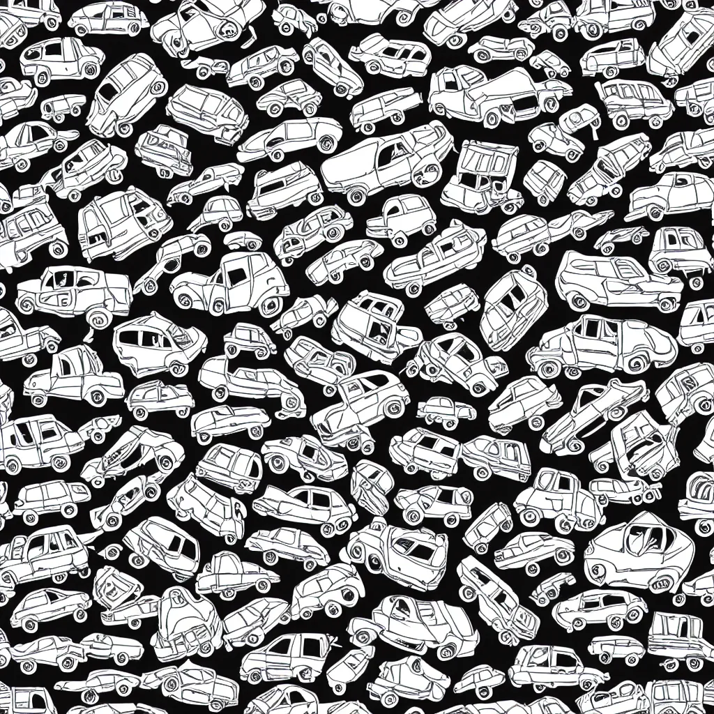 Image similar to seamless tileable pattern showing cars. black and white, drawing, white background, seamless, ornament.