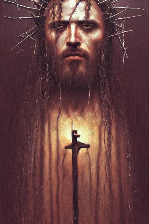 Image similar to portrait of Jesus Christ in hood and crown of thorns, dark fantasy, Warhammer, artstation painted by Zdislav Beksinski and Wayne Barlowe