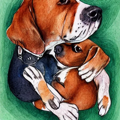 Prompt: detailed whimsical pencil and watercolor illustration of a mommy dog and a daddy dog hugging their puppy with all dogs eyes shut and happy expressions.