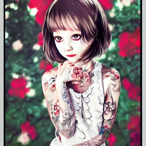 Image similar to tattooed little girl wearing an white dress. art by ilya kuvshinov, profile picture, inspired by hirohiko araki, highly detailed, 8 0 s anime art style, realistic, vogue cover