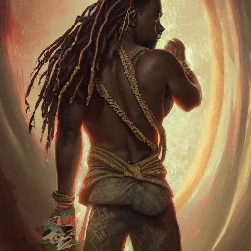 Image similar to a light skinned jamaican man, medium locs, holding a camera, photographer, fantasy digital painting, stunning intricate details, artwork by ross tran and greg rutkowski