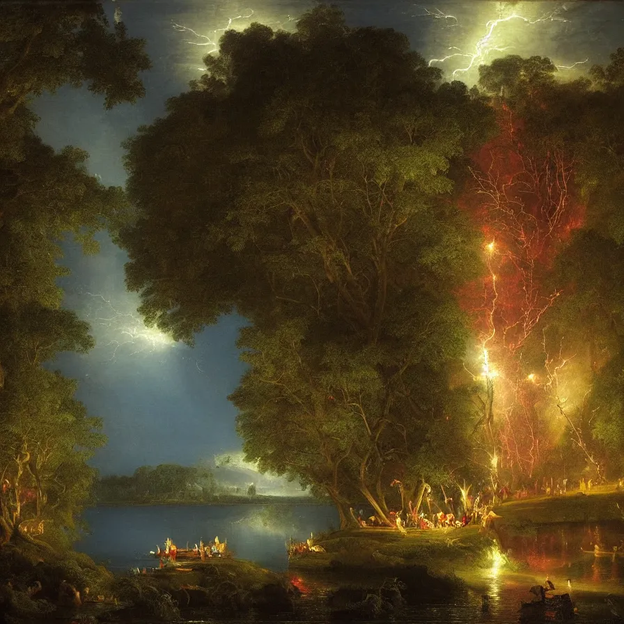 Image similar to a night carnival around a magical in a summer storm, tree cavity with a music scenario with many fireworks and christmas lights, next to a lake with iridiscent lake water, volumetric lightning, folklore people disguised with fantastic creatures in a magical forest by summer night, masterpiece painted by thomas cole, scene by dark night environment, refraction lights, five star stories