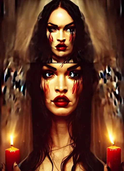 Prompt: megan fox witch queen, black eyes, blood, full body, intricate victorian dress, middle shot, cinematic lighting, symmetrical eyes, caravaggio, rafael albuquerque, charlie bowater, moody lighting, candles