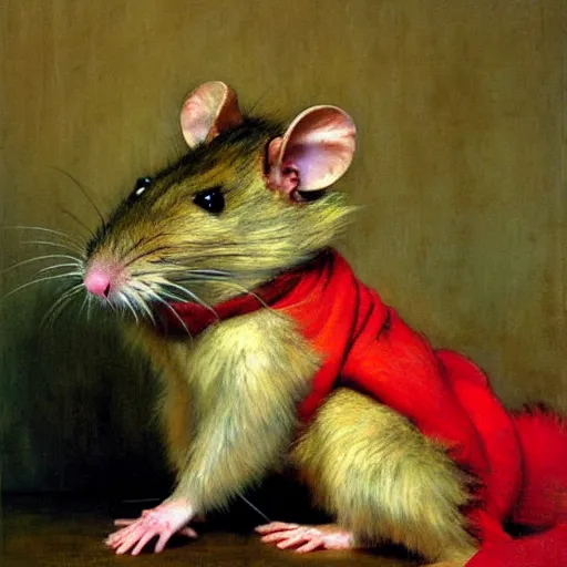 Prompt: a portrait of a furry rat wearing a red kimono, hairy, furry body, furry arms, feet, tail. highly detailed painting by gaston bussiere, craig mullins, j. c. leyendecker, furry