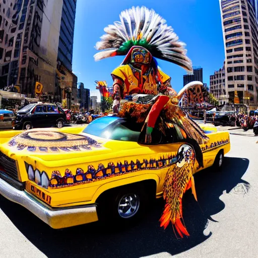 Prompt: wide angle 3 6 0 panoramic photo of an indigenous cholo shaman dressed with a quetzalcoatl feathered serpent riding a golden lowrider bike in manhattan