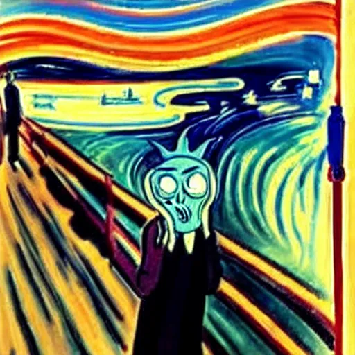 Prompt: rick sanchez from rick and morty in edward munch's scream painting