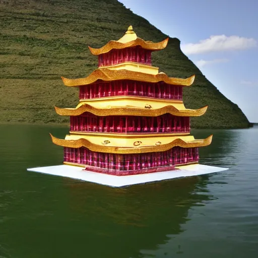 Prompt: floating temple in the middle of a large lake dedicated to the worship of sphynx cat