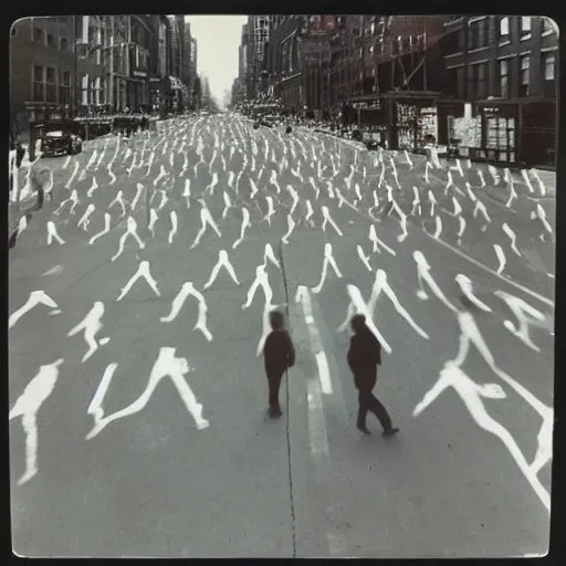 Image similar to wide-shot low-angle photo of empty!!! animated walking ghostly people (((heads))) at the street in New York, polaroid photo, by Andy Warhol, signed