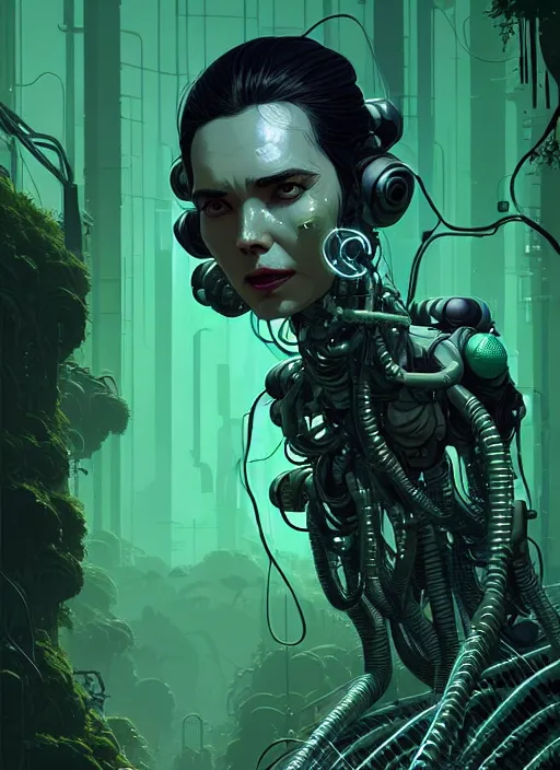 Image similar to highly detailed portrait of a biopunk cyborg long wavy dark hair tribal lady, stray wiring by atey ghailan, james gilleard, by joe fenton, by greg rutkowski, by greg tocchini, by kaethe butcher, 4 k resolution, gradient green, black and white color scheme!!! ( ( forested robotic dense jungle background ) )