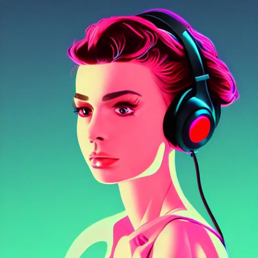 Image similar to synthwave girl wearing headphones, animated, trending on artstation, portrait