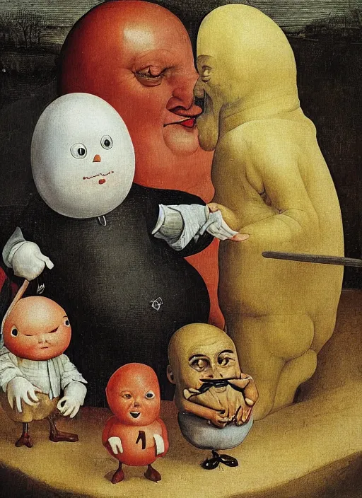 Image similar to full body detailed painting of silly round humpty dumpty with jack black facial expression, realistic, hieronymus bosch