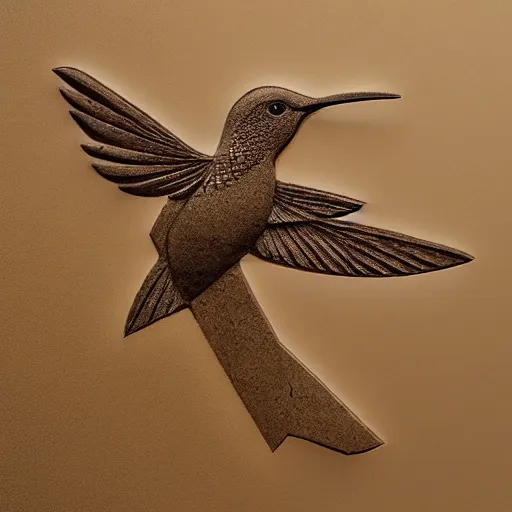 Image similar to intricate hummingbird carved from sandstone, photograph, studio lighting