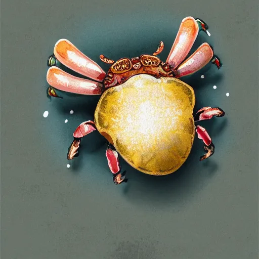 Prompt: illustration of one small small small standalone highly detailed minimalist hermitcrab! paguro crab in a shell, with flemish baroque rococo unexpected steampunk elements. seen from the distance hd! matte paper background. childrenbook in soft natural pastel tones