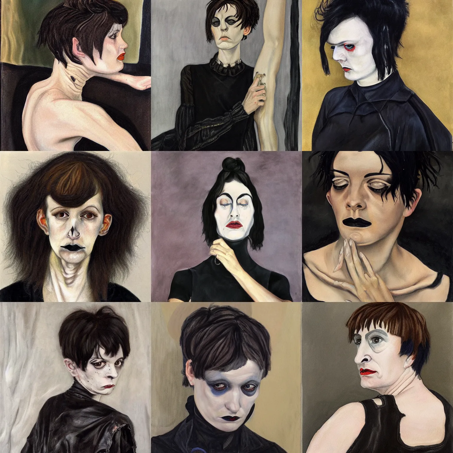 Prompt: A goth portrait painted by Lucian Freud. Her hair is dark brown and cut into a short, messy pixie cut. She has a slightly rounded face, with a pointed chin, large entirely-black eyes, and a small nose. She is wearing a black tank top, a black leather jacket, a black knee-length skirt, a black choker, and black leather boots.