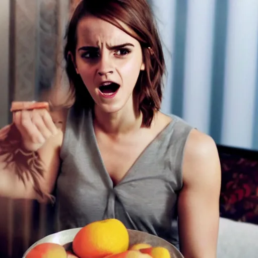 Prompt: Emma Watson roaring loudly at a bowl of fruit