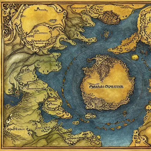Prompt: simple fantasy map, the land of Odrua, several continents arranged in an arc, world of Lute, by JRR Tolkien and Brian Froud, Vatican Map Room, vector art, trending on art station, oceans, continents