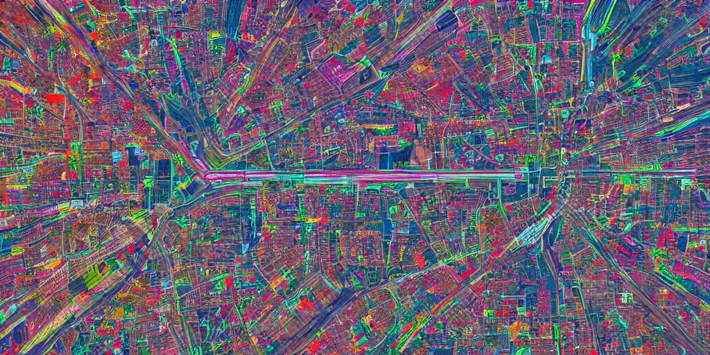 Prompt: city streets aerial perspective neuron brainbow hd 8 k digital art colourful