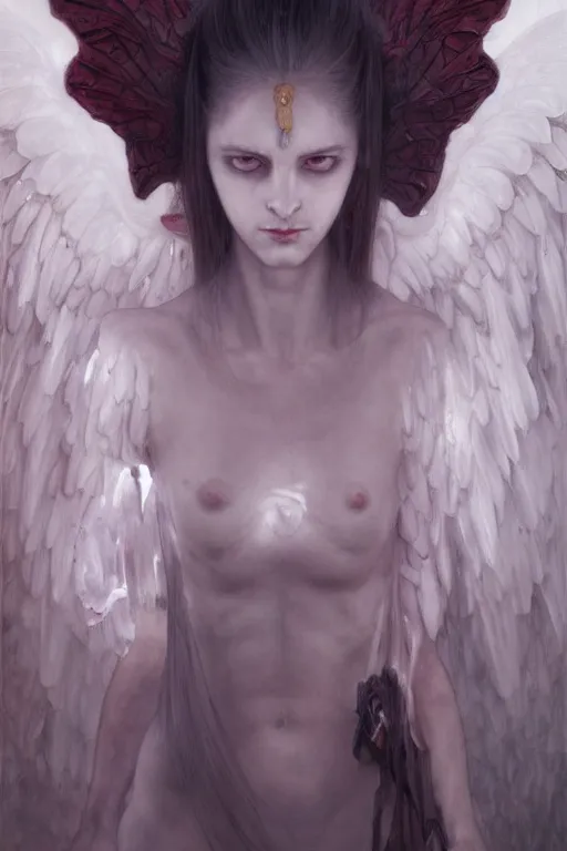 Image similar to Portrait of beautiful pale demonic angelic girl warhammer 40000, cinematic lighting, intricate, elegant, highly detailed, digital painting, artstation, smooth, sharp focus, illustration, art by artgerm and greg rutkowski and zdislav beksinski and alphonse mucha and Wayne Barlowe and william-adolphe bouguereau