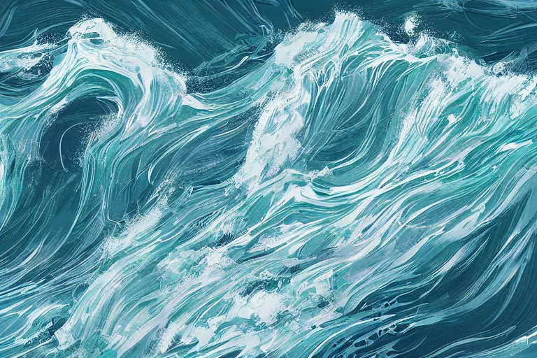 Prompt: ocean, land, ( ( ( ( tumultuous waves ) ) ) ), digital painting, illustrated by max hay