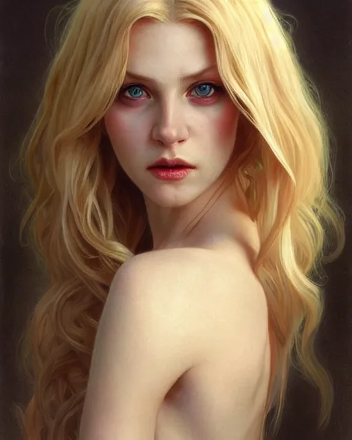 Image similar to portrait of a beautiful young blonde vampire, dark, piercing eyes, gentle expression, elegant clothing, photorealistic, highly detailed, artstation, smooth, sharp focus, art by michael whelan, artgerm, greg rutkowski and alphonse mucha