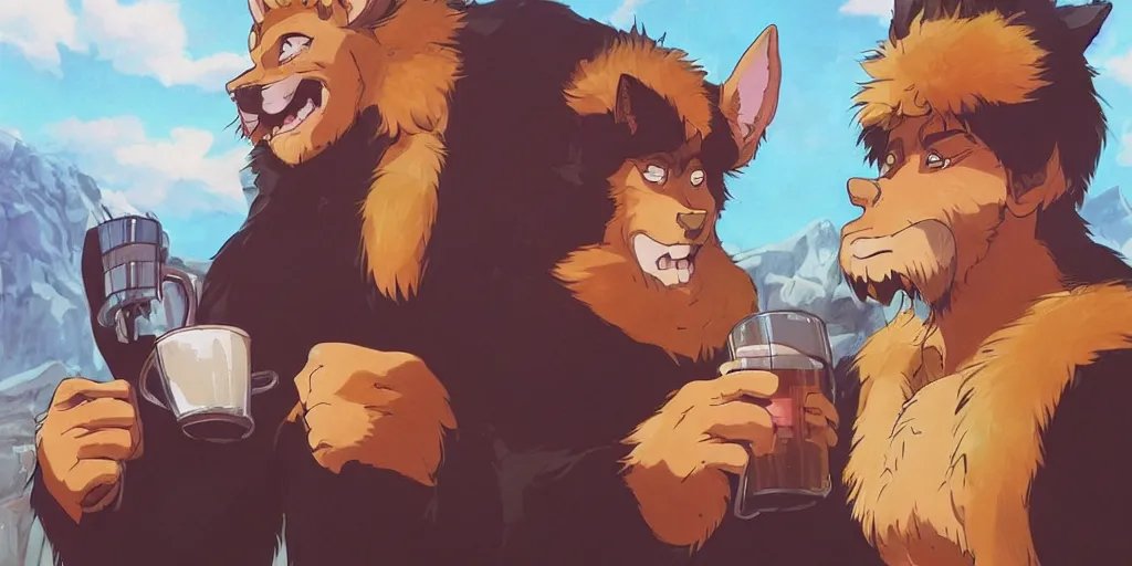 Image similar to a two muscular german shepherds beast - men, holding a mug of beer, a lot of pockets, fur cape, tavern background, magical, bright, colorful, fantastic lighting, amazing details, 4 k uhd, illustration by hayao miyazaki and makoto shinkai and ilya kuvshinov, artstation, pixiv,