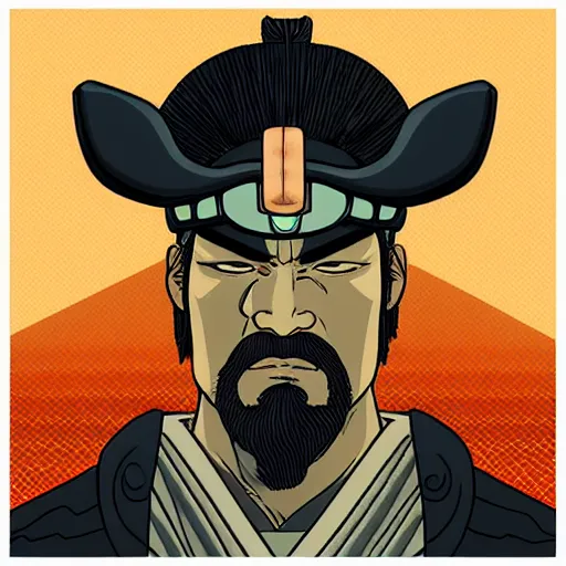 Prompt: a profile picture of powerful japanese samurai, detailed face, portrait, face symmetry, character concept portrait by moebius and laurie greasley, profile picture, 8 k, cinematic color grading