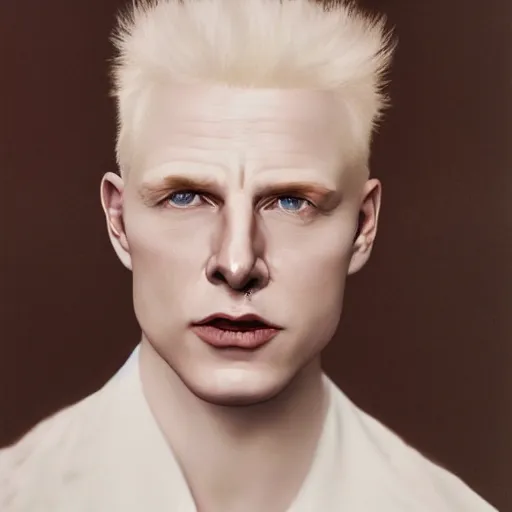 Image similar to realistic expired fuji film portrait of white albino tom cruise, hyperrealism, photorealistic, detailed, atmospheric, 8 k, award winning photography, style of vogue editorial, cinematic