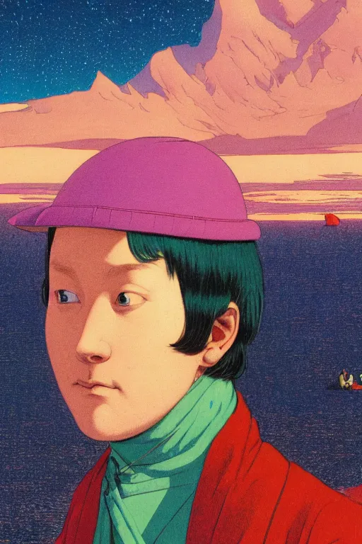 Prompt: a colorful closeup portrait of a young english explorer sucking a blotter paper of lsd acid and dreaming psychedelic hallucinations in the vast icy landscape of antarctica, by kawase hasui, moebius and edward hopper, colorful flat surreal design, hd, 8 k, artstation