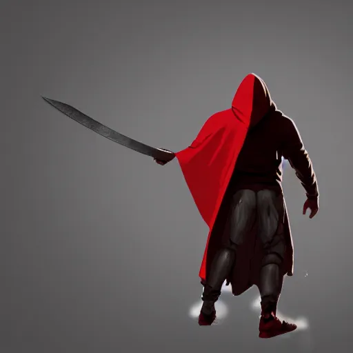 Image similar to view from the back warrior holding two swords, full body worn out damaged cape, red hoodie, worn out clothes, floating sand, concept art, volumetric light, full body shot, 8K, trending on artstation