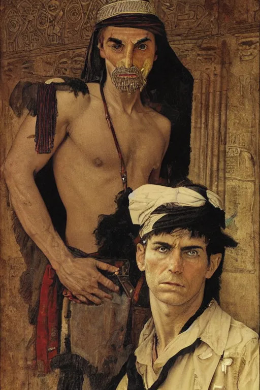 Image similar to a closer personal portrait of man with very piercing eyes, very charismatic. in the old ancient temple of the sphinx. masterpiece, dark. painted by norman rockwell and james gurney