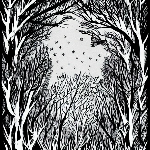 Image similar to dream forest illustration, 4k detailed, black ink on white paper, dark fantasy, white space in middle