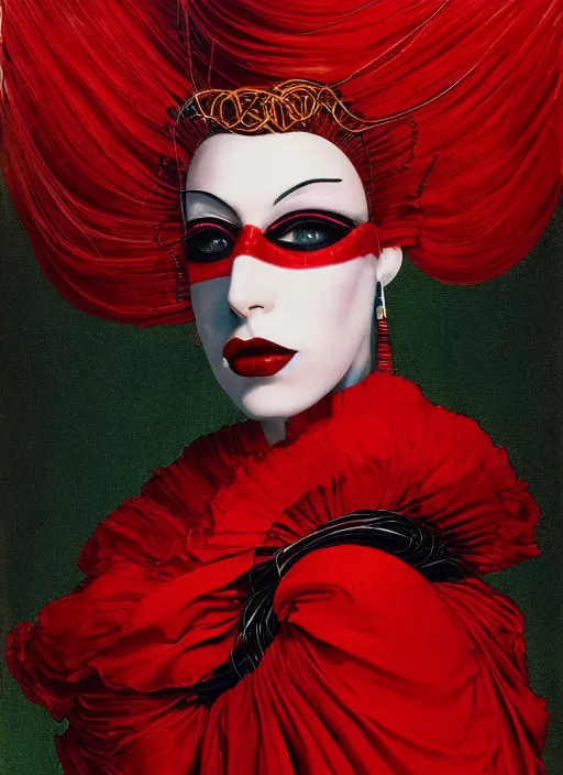 Prompt: an 8 0 s portrait of a woman with dark eye - shadow and red lips with dark slicked back hair, a mask made of wire and hanging beads, dreaming acid - fueled hallucinations, psychedelic by serge lutens, rolf armstrong, delphin enjolras, peter elson, red cloth background, frilled ruffled collar