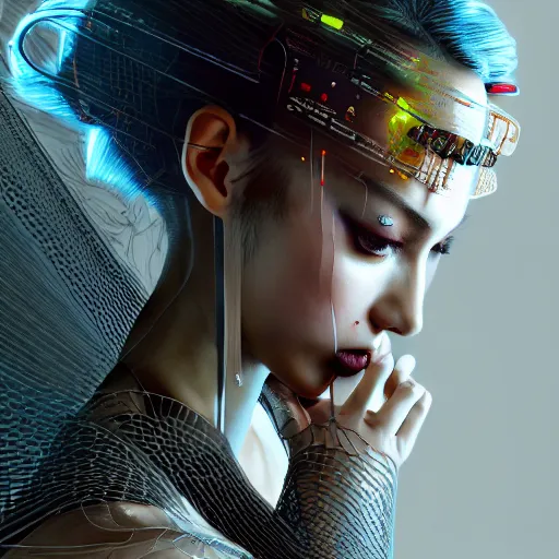 Image similar to the portrait of an absurdly beautiful, graceful, sophisticated, fashionable cyberpunk gravure idol, an ultrafine hyperdetailed illustration by kim jung gi, irakli nadar, matt wisniewski, intricate linework, silvrr wiring, porcelain skin, unreal engine 5 highly rendered, global illumination, radiant light, detailed and intricate environment