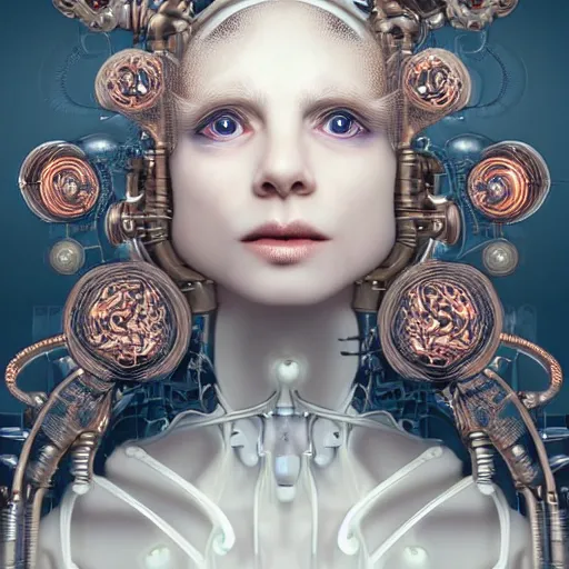 Prompt: stunning hyperdetailed upclose symmetrical portrait of 6 0 year old caucasian cyborg girl with translucent porcelain skin, lush thick hair, big electric eyes, ultra detailed ornate neon wire lacing, ultra detailed steampunk cyborg implants, complex white nano mechanical flowers, micro detail, by satoshi kon, sharp focus, trending on artstation hq, deviantart, pinterest, 8 k