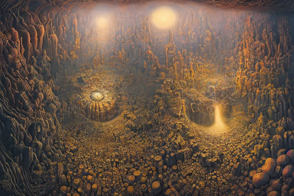 Image similar to hyper detailed 3d render like a Oil painting - journey to the center of the earth, by Jacek Yerka, Mariusz Lewandowski, Houdini algorithmic generative render, Abstract brush strokes, Masterpiece, Edward Hopper and James Gilleard, Zdzislaw Beksinski, Mark Ryden, Wolfgang Lettl, hints of Yayoi Kasuma, octane render, 8k