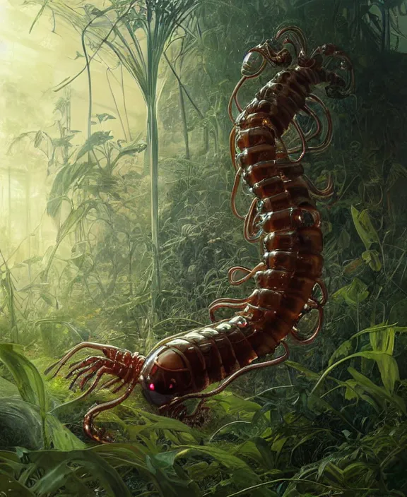 Image similar to opulent transparent clear see - through portrait of a terrifying beautiful male alien centipede robot, mottled coloring, adorable, childlike, overgrown biopunk jungle environment, ultra realistic, concept art, art nouveau, photorealistic, octane render, 8 k, unreal engine. art by christopher marley and artgerm and greg rutkowski and alphonse mucha