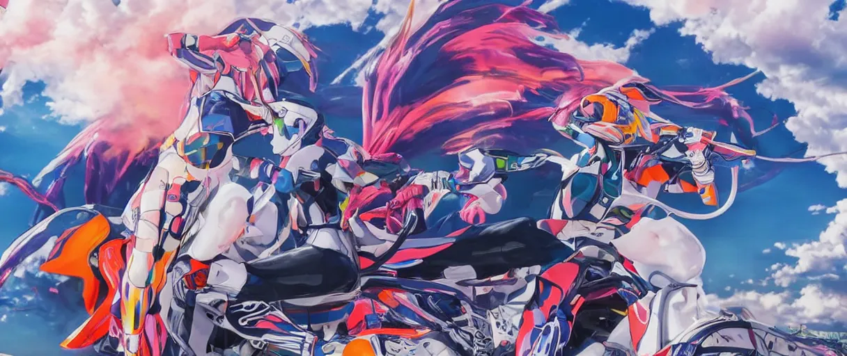 Image similar to billboard advertisement with an extremely beautiful photo of a white marble statue of an anime girl with colorful motocross logos and motorcycle helmet with closed visor, colorful smoke in the background, carved marble statue, fine art, neon genesis evangelion, virgil abloh, offwhite, denoise, highly detailed, 8 k, hyperreal