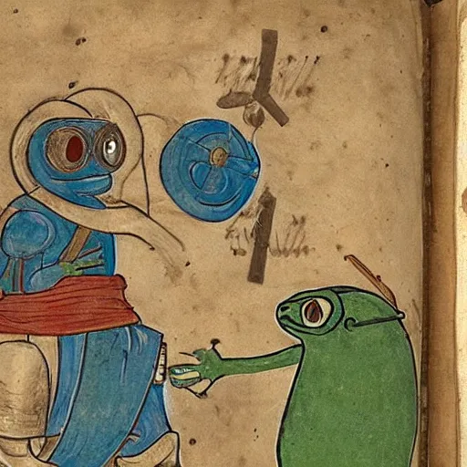 Prompt: page from a 1 4 th century monk's manuscript illustrating an epic battle between r 2 d 2 and pepe the frog