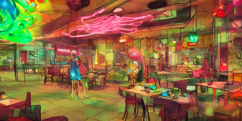 Image similar to concept photo highly detailed rendering of, a giant translucent colorful octapus stealing all the knives from a sushi restaurant at 3 am in the morning, humorous and weird, dramatic cinematic lighting