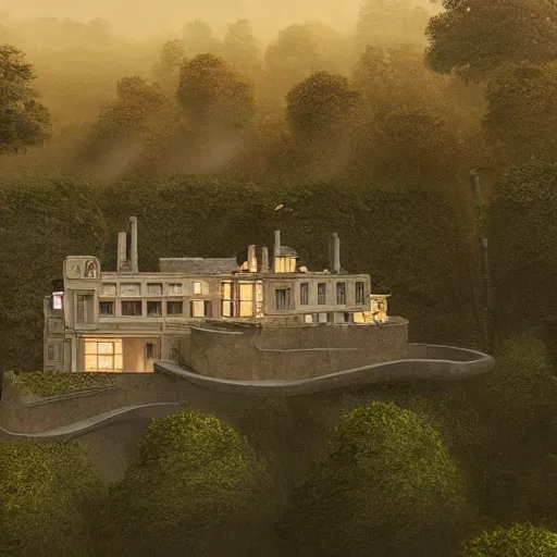 Prompt: beige house with walled in garden, on a hill surrounded by big trees, dramatic lighting, artstation, matte painting, raphael lacoste, simon stalenhag, frank lloyd wright, drone view